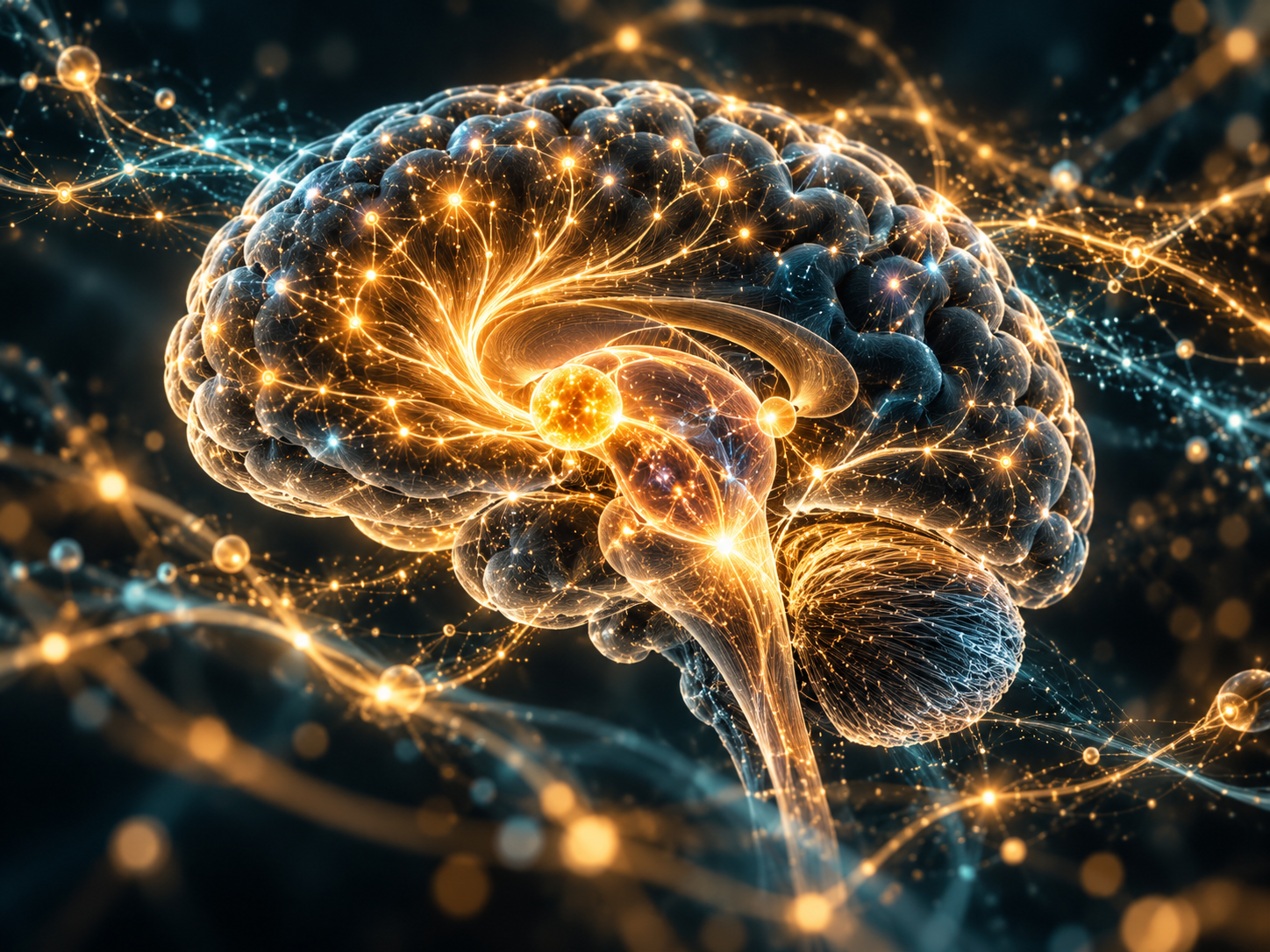 Cerebro iluminado con conexiones neuronales doradas